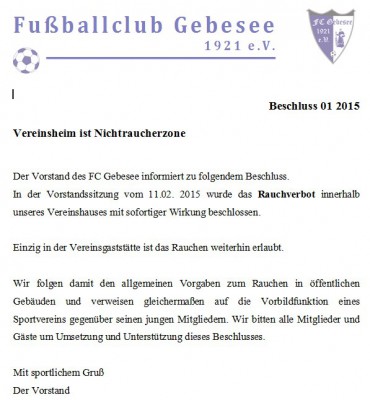 Beschluss 01 2015 / Vereinsheim ist Nichtraucherzone